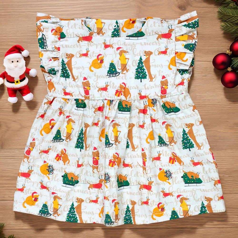 Vestido Para Bebê Tricoline Com Babado Natal Encantado Bege