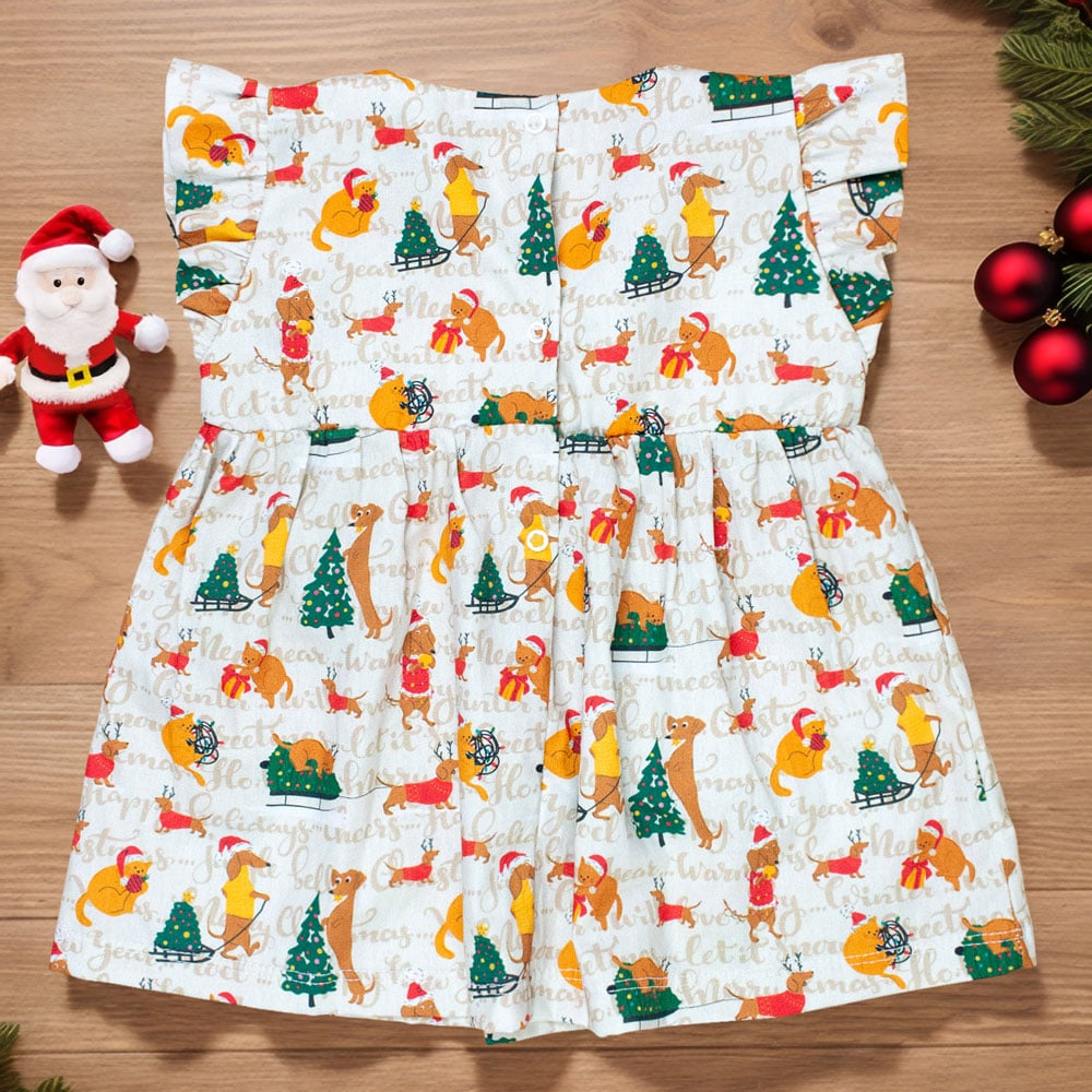 Vestido Para Bebê Tricoline Com Babado Natal Encantado Bege
