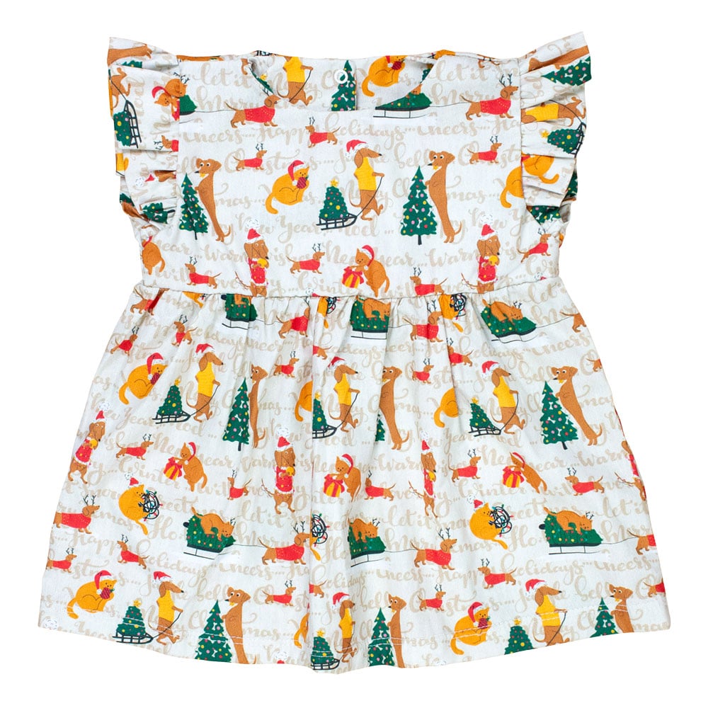 Vestido Para Bebê Tricoline Com Babado Natal Encantado Bege