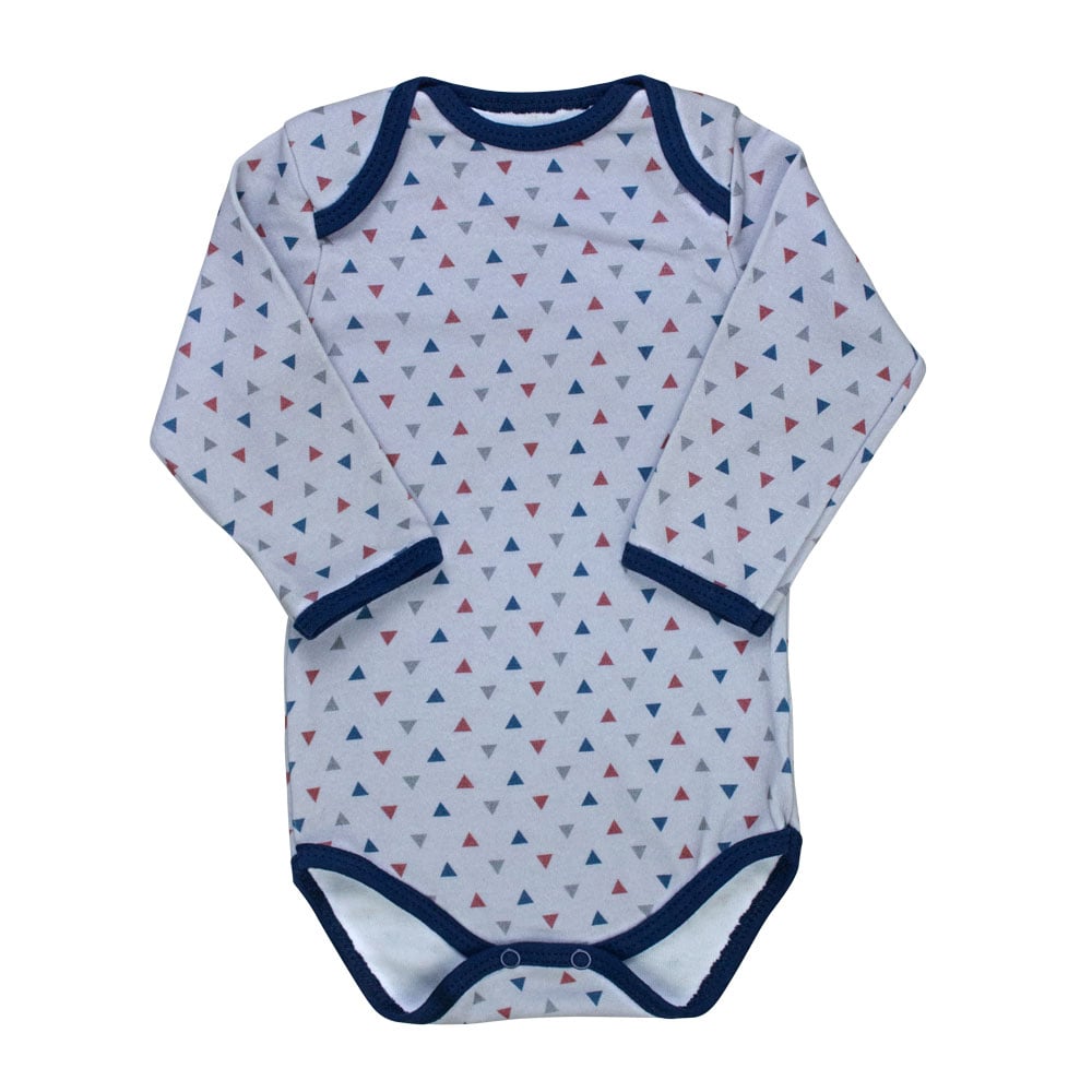 Body Bebê Cinza Manga Longa - Estampa Triângulos Moderno