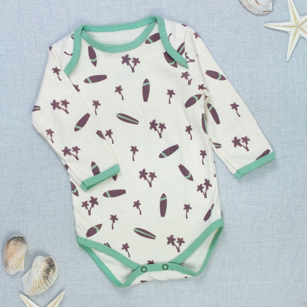 Body Bebê Creme Manga Longa - Estampa Surfista Tropical