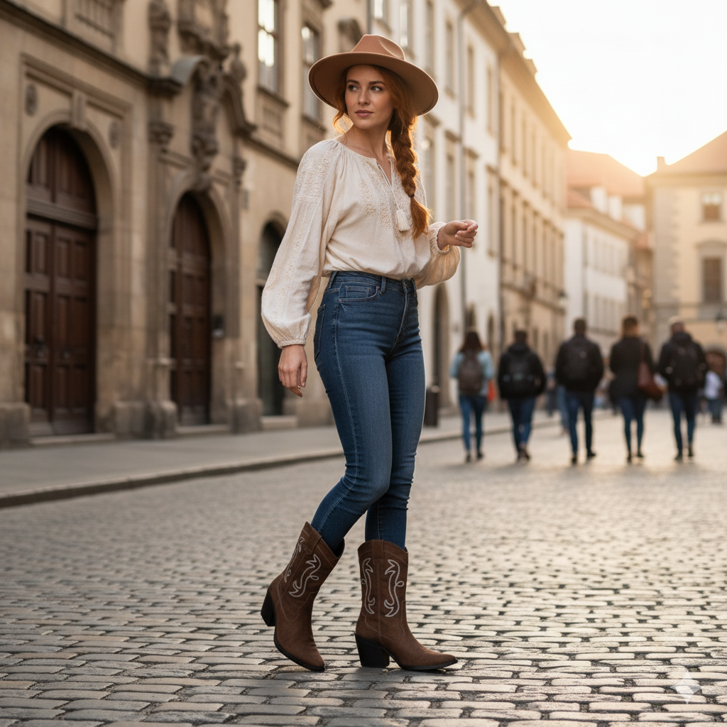 Bota Texana Feminina Bárbara Barros Couro Legítimo Castor Cano Médio