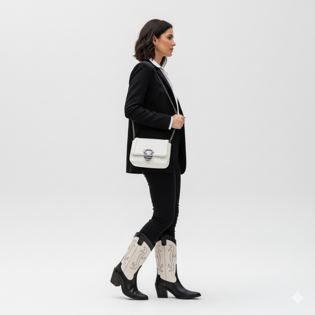 Bota Texana Feminina Bárbara Barros Couro Legítimo Preto e Off White Cano Médio