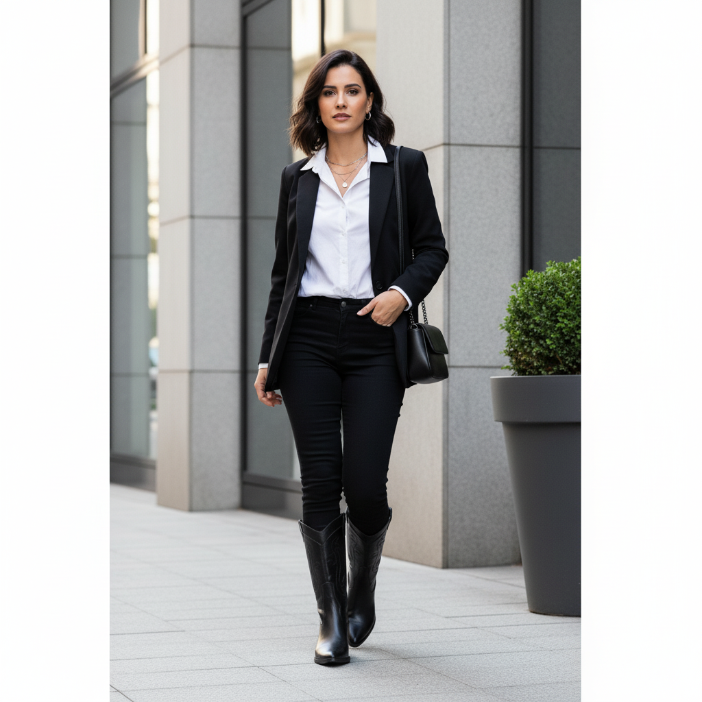 Bota Texana Feminina Bárbara Barros Couro Legítimo Preto Cano Médio