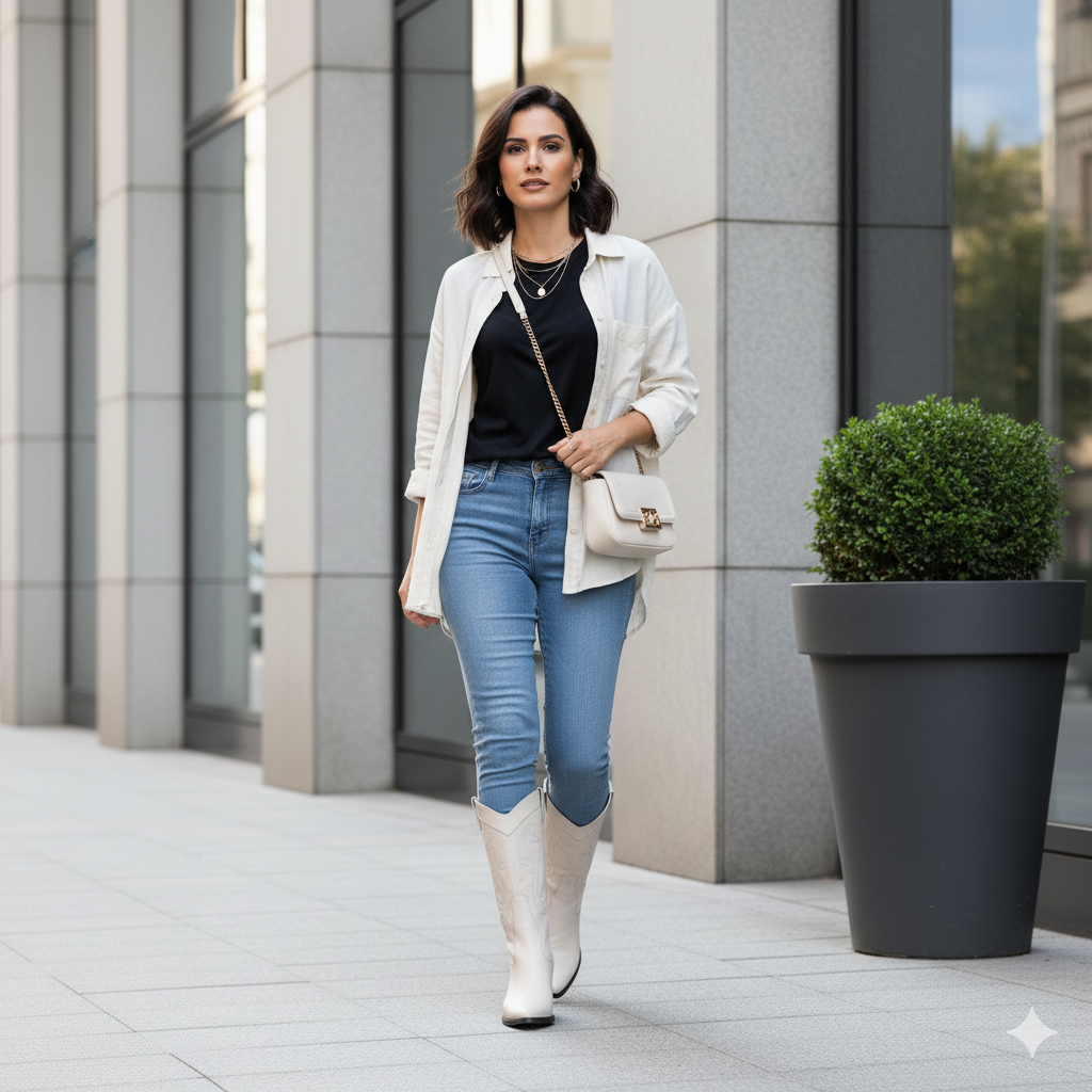 Bota Texana Feminina Bárbara Barros Couro Legítimo Off White Cano Médio