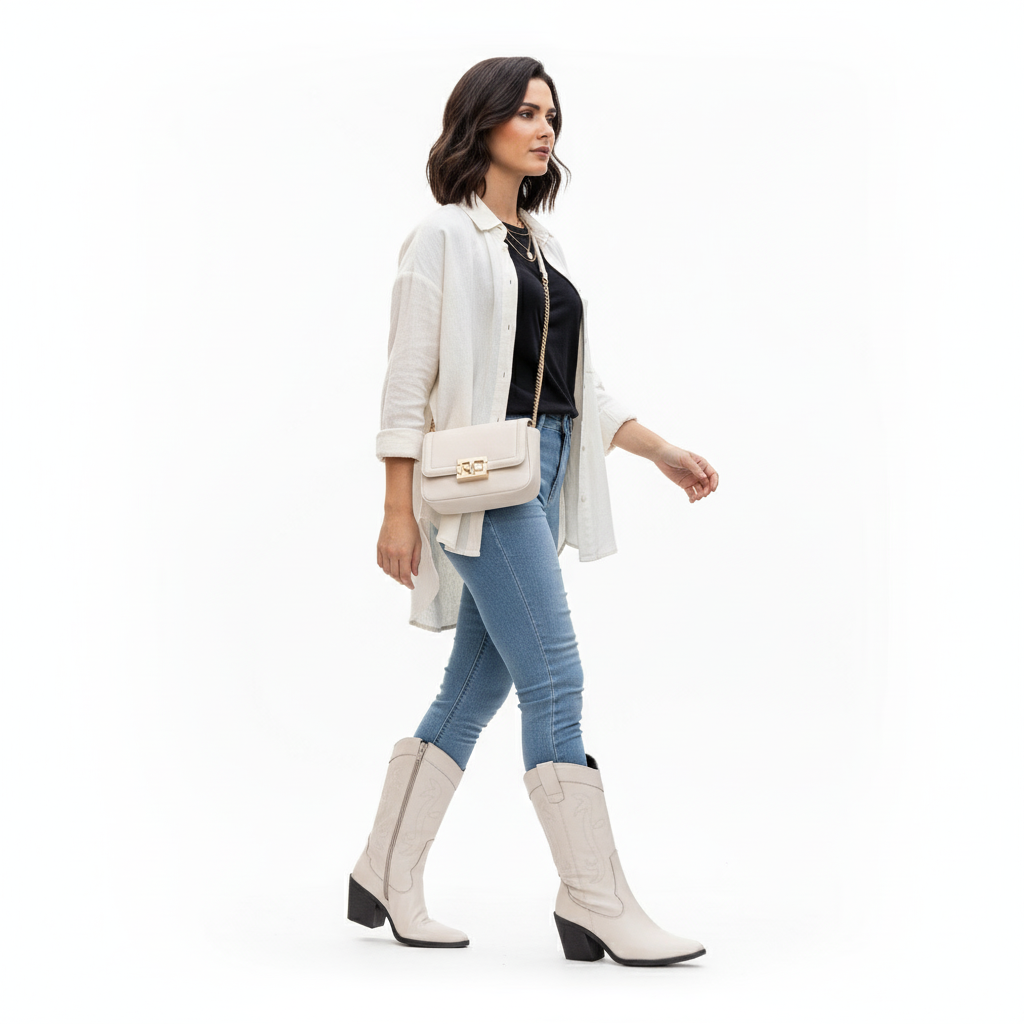 Bota Texana Feminina Bárbara Barros Couro Legítimo Off White Cano Médio