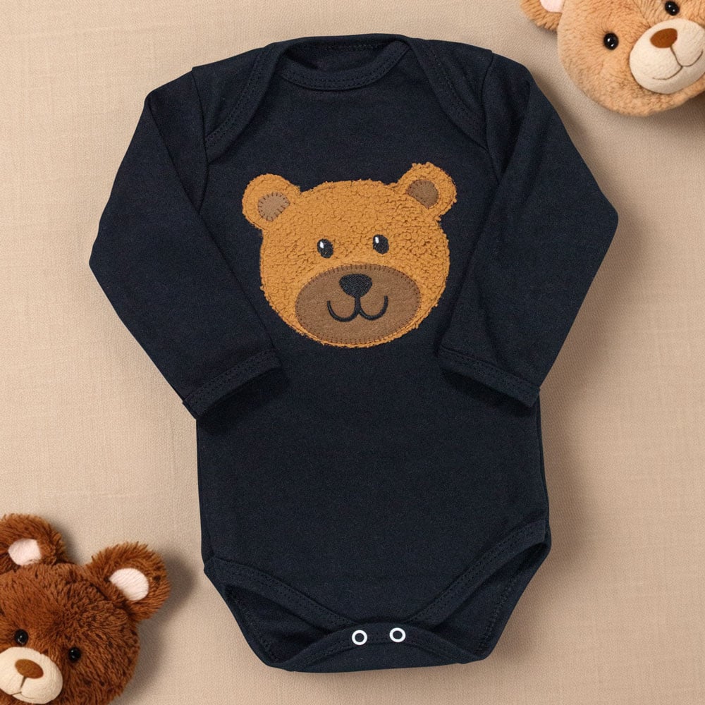 Body Para Bebê Menino Manga Longa Urso Preto