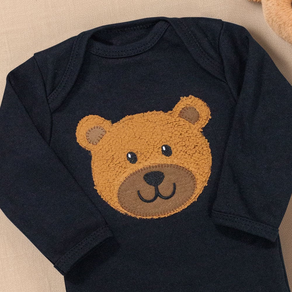 Body Para Bebê Menino Manga Longa Urso Preto