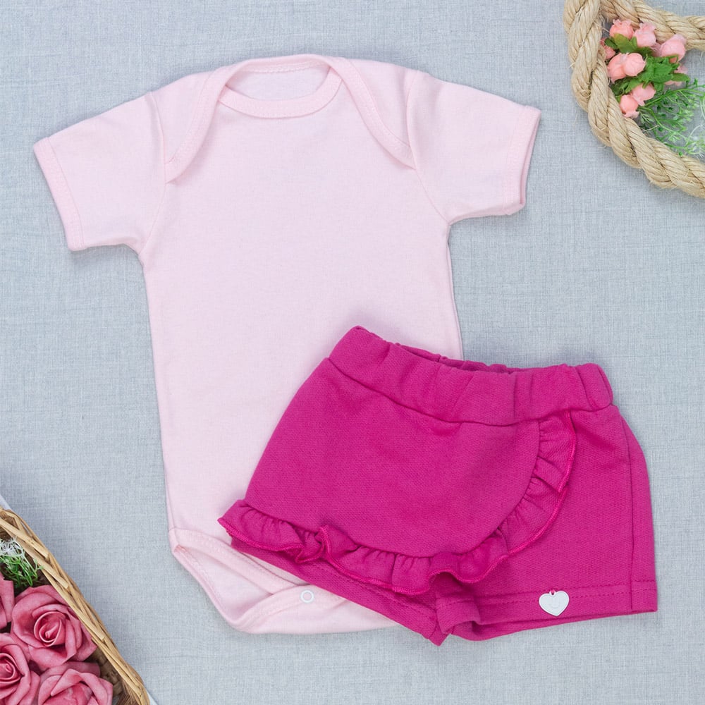 Look Da Bebê Com Body Manga Curta Shorts Saia