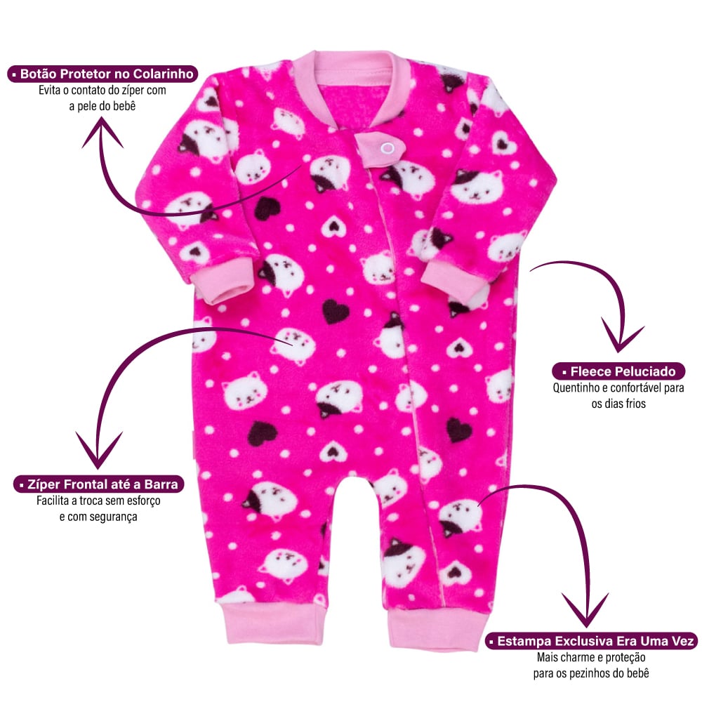 Macacão Longo Bebê Pelúcia Com Zíper Frontal Era Uma Vez