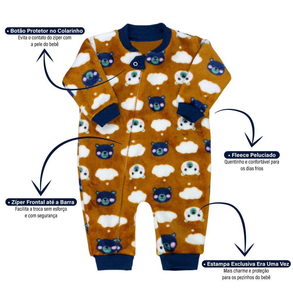 Macacão Peluciado Bebê Menino Ursinhos Nas Nuvens Caramelo