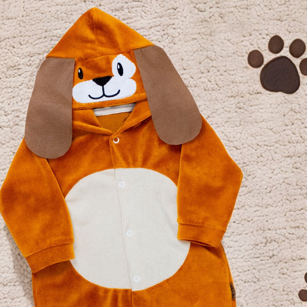 Macacão Longo Plush Bebê - Capuz Bordado Cão Caramelo