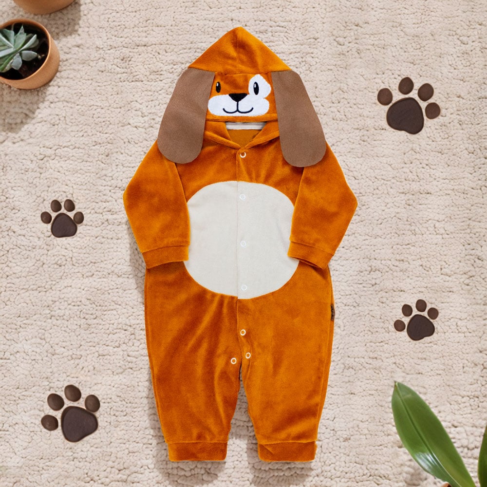 Macacão Longo Plush Bebê - Capuz Bordado Cão Caramelo