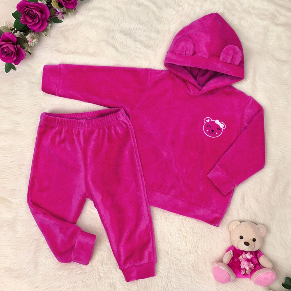 Conjunto Plush Bebê Menina Blusa Com Capuz E Calça