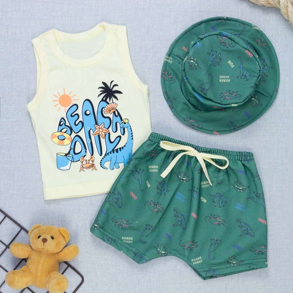 Kit Verão Bebê Regata Estampada, Bermuda E Chapéu Bucket