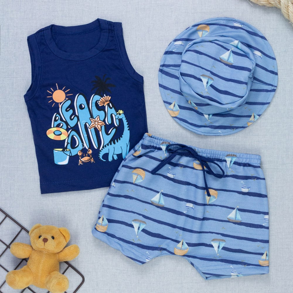 Kit Verão Bebê Regata Estampada, Bermuda E Chapéu Bucket