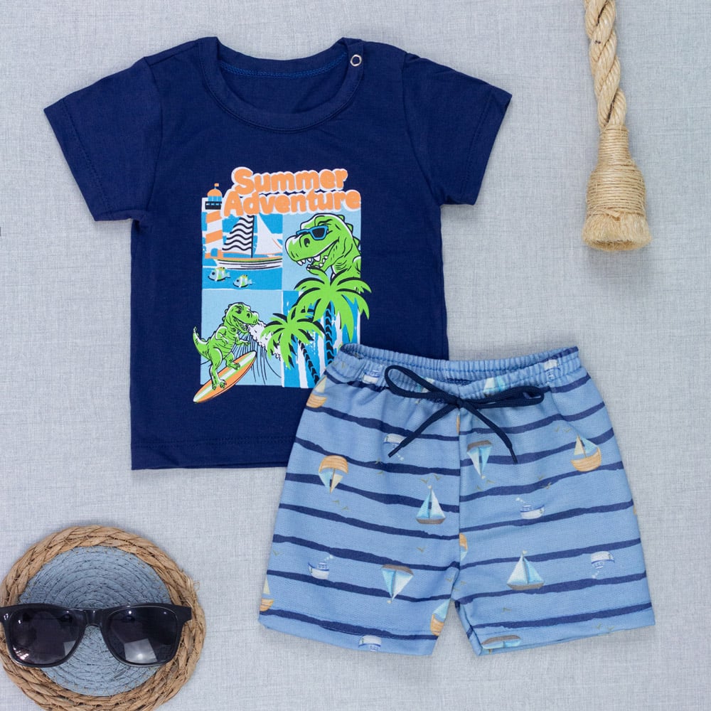 Conjunto Bebê Menino Verão Feliz Camiseta Estampada Bermuda