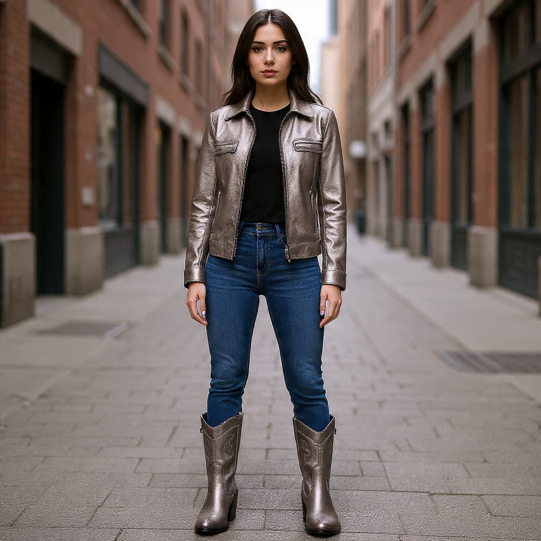 Bota Texana Feminina Bárbara Barros Couro Legítimo Prata Cano Médio