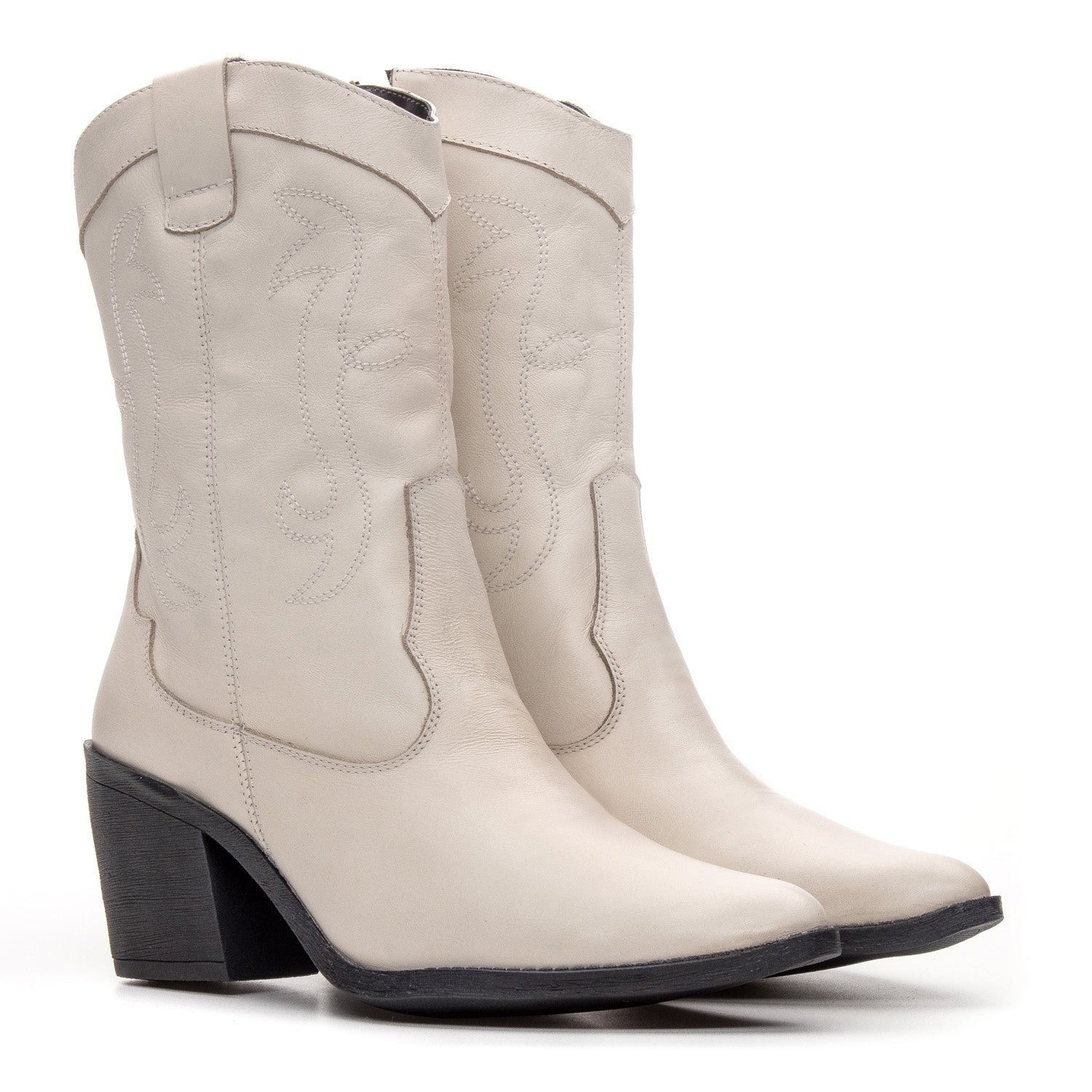 Bota Texana Feminina Bárbara Barros Couro Legítimo Off White Cano Médio