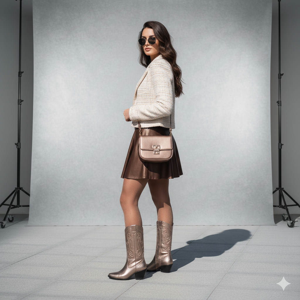 Bota Texana Feminina Bárbara Barros Couro Legítimo Dourada Cano Médio