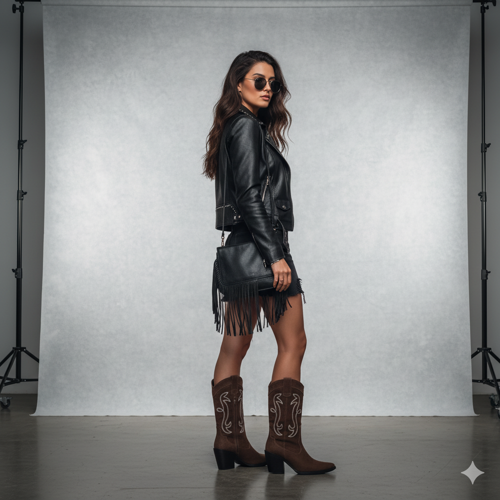 Bota Texana Feminina Bárbara Barros Couro Legítimo Castor Cano Médio