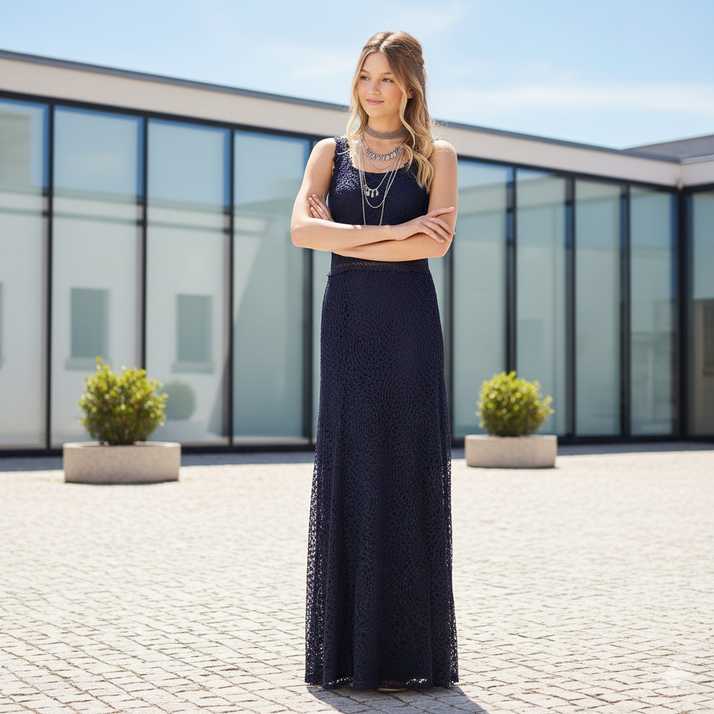 Vestido Longo de Renda Vitrine Collection Azul Marinho Festa com Vazado