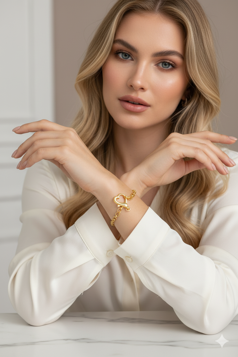 Pulseira com Fecho de Coração Banhada Ouro 18k Floratta Jóias Hipoalergênica 18cm