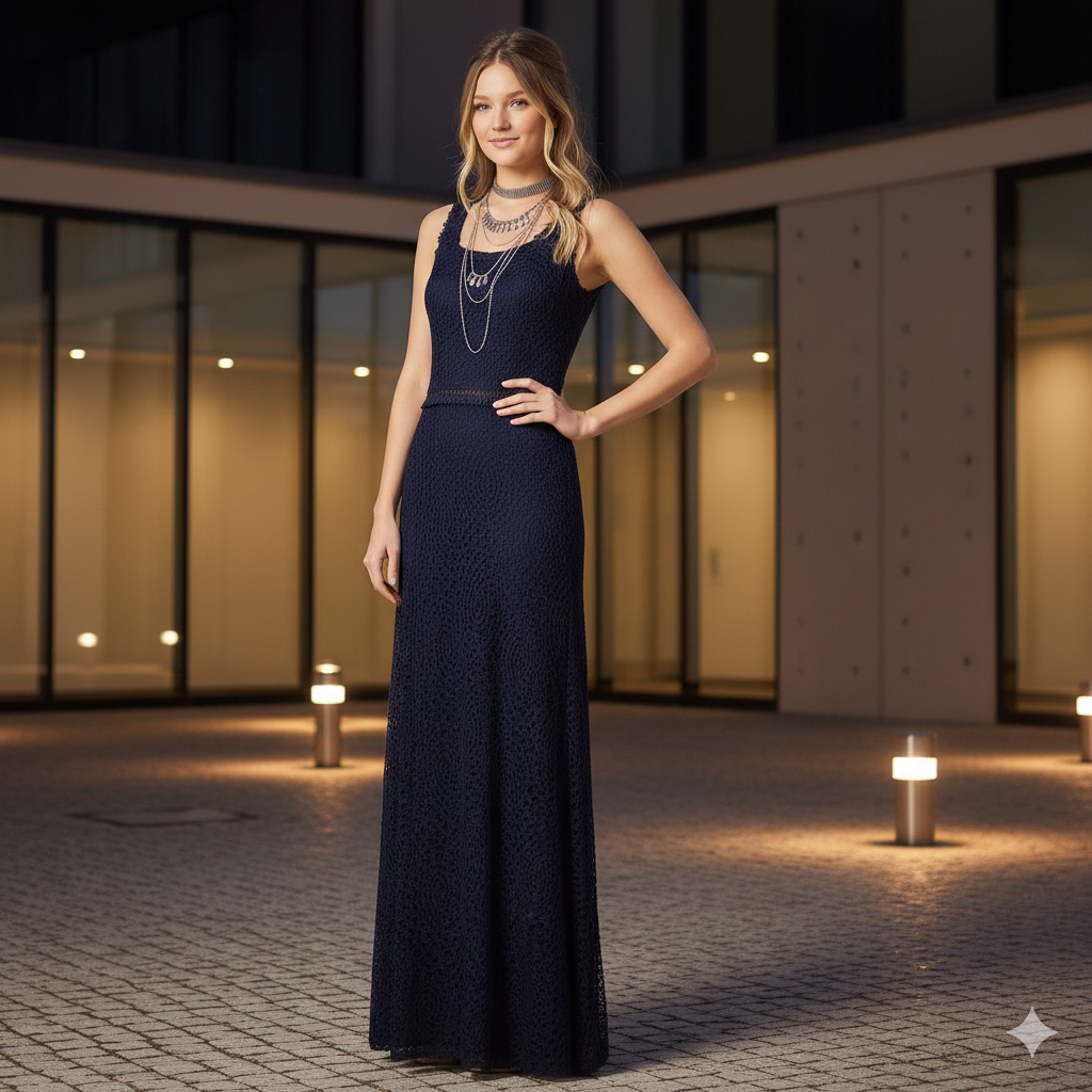 Vestido Longo de Renda Vitrine Collection Azul Marinho Festa com Vazado