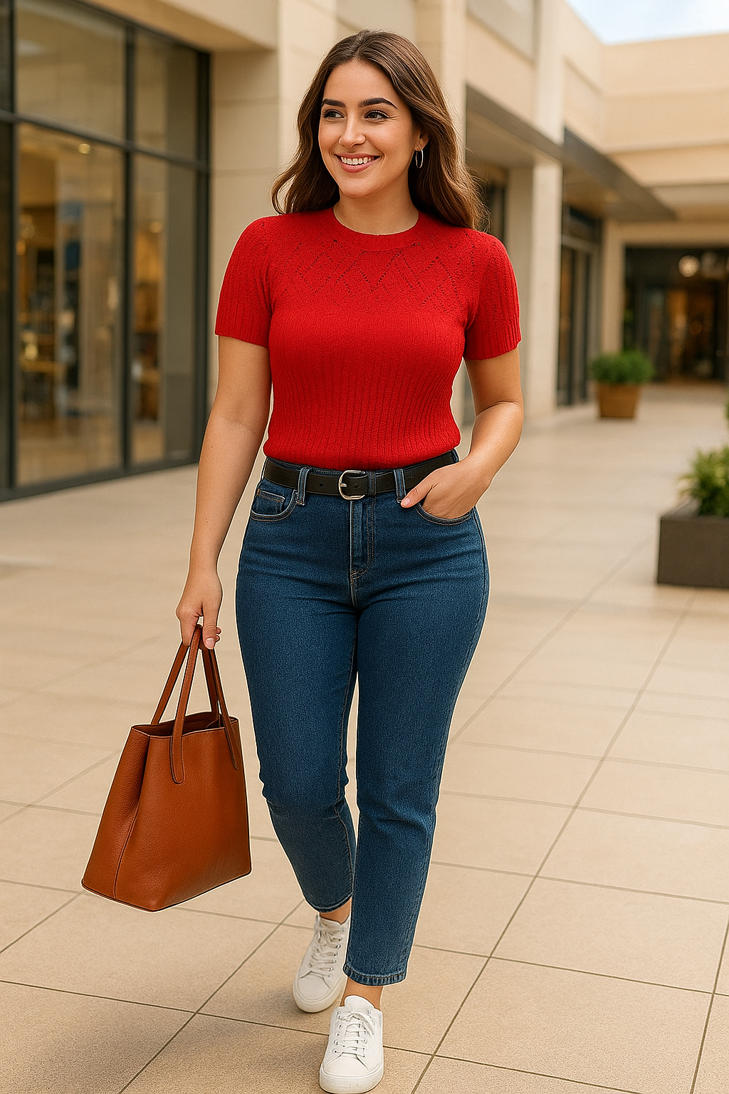 Blusa Tricô Feminina Gola Alta Vitrine Collection Manga Curta Vermelha