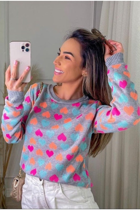 Blusa Tricot Coração Manga Longa