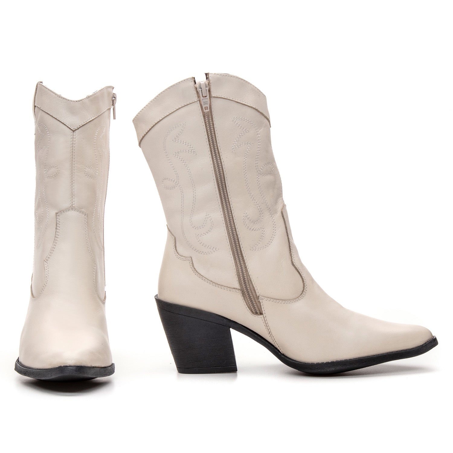 Bota Texana Feminina Bárbara Barros Couro Legítimo Off White Cano Médio