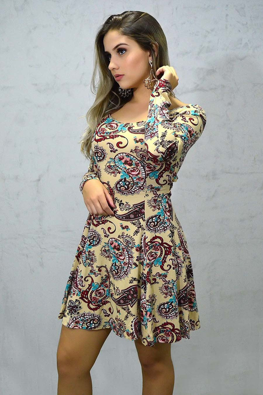 Vestido Curto Manga Longa Viscolycra Vazado Paisley